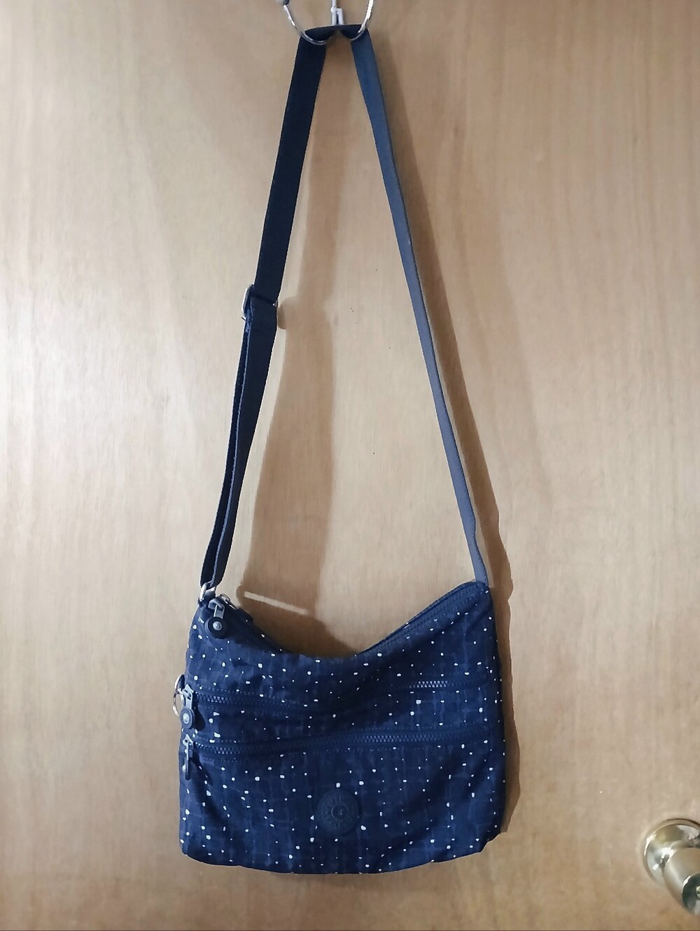 Kipling Dark Gray Crossbody Bag with White Polka Dots. Medium Sized.